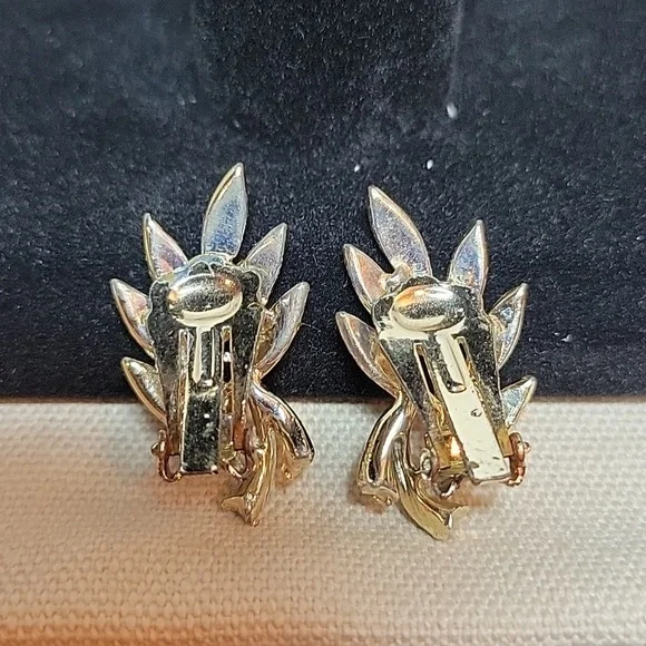 Gold Leaves with Rhinestone Accents Clipon Earrings - Picture 2 of 2